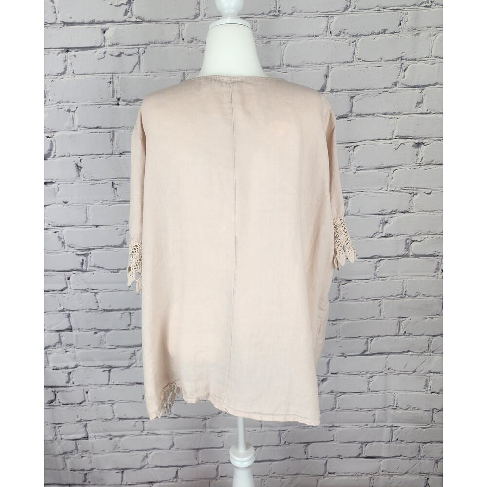 Lung O L’arno Beige 100% Linen Round Neck Top 3/4 Sleeves Lace Trimmed Size 3XL - Picture 2 of 9